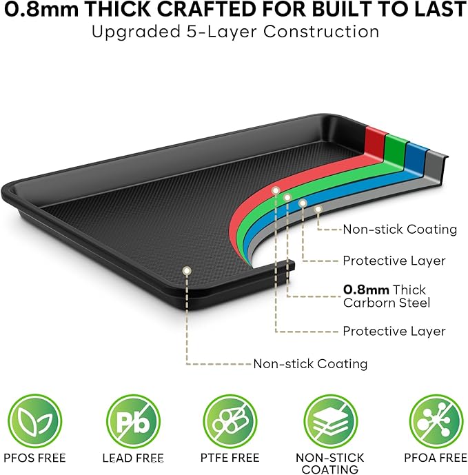 Half Sheet Pan 17.3” x 13.1”, Cookie Sheets for Baking 0.8mm Thick Non Stick Baking Sheets for Oven Heavy Duty Baking Trays