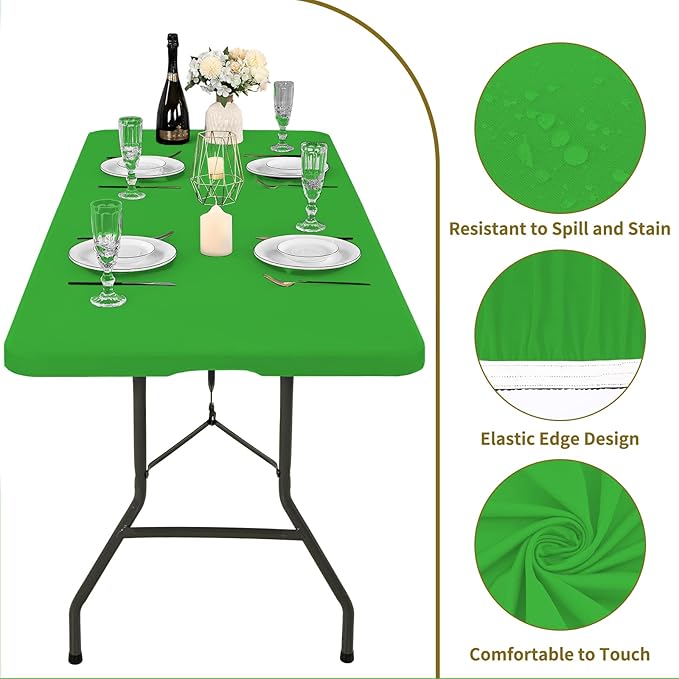 6 Pack Fitted Tablecloth for 6 Foot Rectangle Tables, Green Elastic Outdoor Picnic Table Cover, Washable Stretch Folding Table Cloths 6 ft for Camping Party Patio Kitchen Banquet, 30" W x 72" L