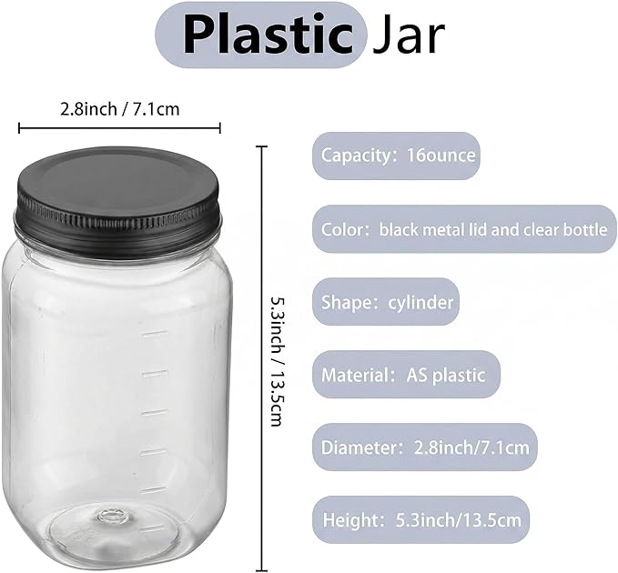 novelinks 16 oz Clear Plastic Jars with Lids, Refillable 16oz Mason Jars with Lids & Storage Containers for Kitchen & Household Use (15 Pack,Black)