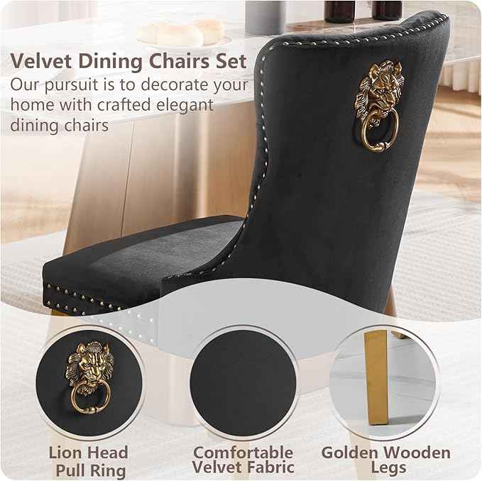 Velvet Dining Chairs Set of 6, Modern Tufted Dining Room Chair, Upholstered Dining Chairs with Lion Head Pulls Ring and Golden Solid Wood Legs, Luxury Kitchen Chairs for Dining Room, Black