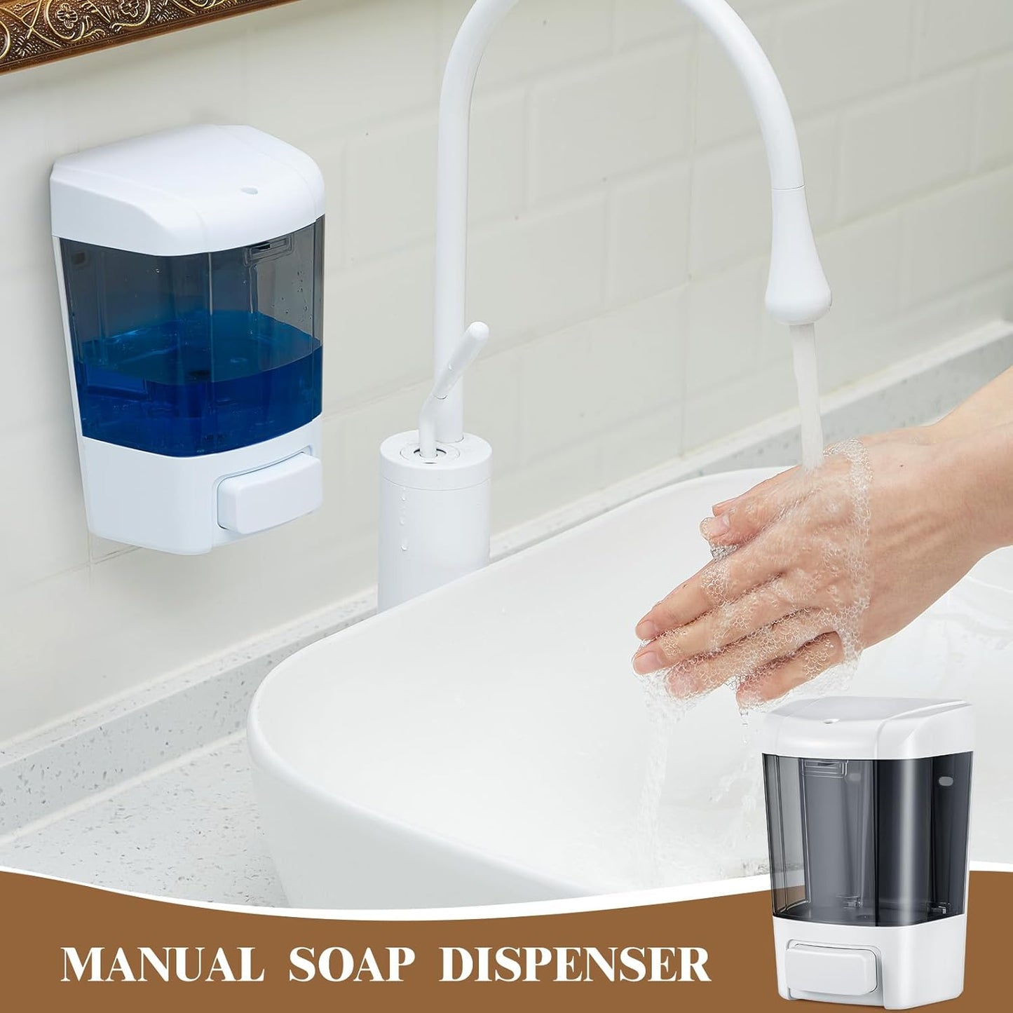 Hushee 4 Pcs Plastic Wall Mounted Soap Dispenser Commercial Manual Soap Containers Wall Dispenser for Kitchen Shower Hotel Liquid Shampoo Gel Chamber(27 oz 800 ml,Brown)