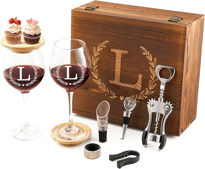 GZLDGIFTS Personalized Initial Wine Glasses Box Gift Set For Women Mom Engraved Birthday Monogrammed Wooden Christmas Gifts Wedding Anniversary Wine Couples Stopper Opener Initial Letterr (L Set)