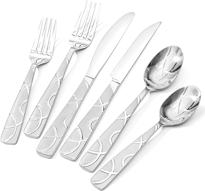 HIKAA 36PCS Stainless Steel Silverware Set with Steak Knives, Modern Flatware Set for Kitchen, Mirror Polished Cutlery Set with Forks, Spoons and Knives，Dishwasher Safe