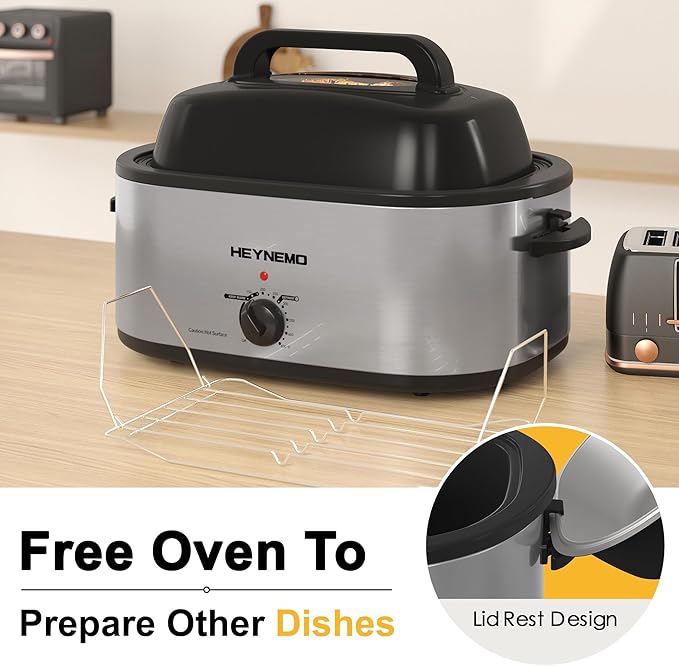 Electric Roaster Oven 26 Quart, Electric Turkey Roaster with Viewing & Self-basting Lid, Large Roaster Pan with Defrost & Warm Function, Stainless Steel Turkey Roaster Oven, Silver