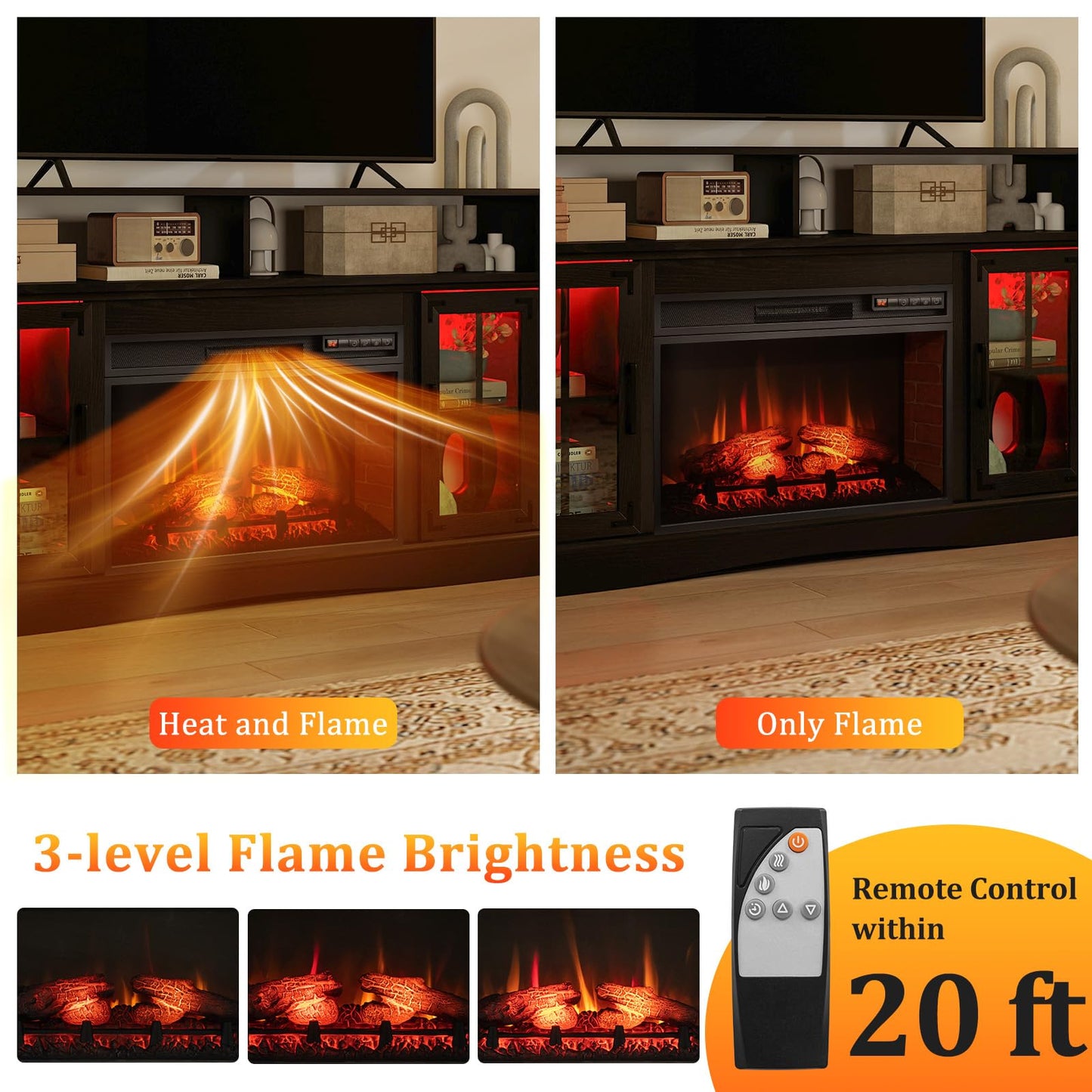 Tangkula Fireplace TV Stand for TVs Up to 65", Adjustable Shelves LED Light Entertainment Center with Electric Fire Place, for Living Room, Bedroom (Black)