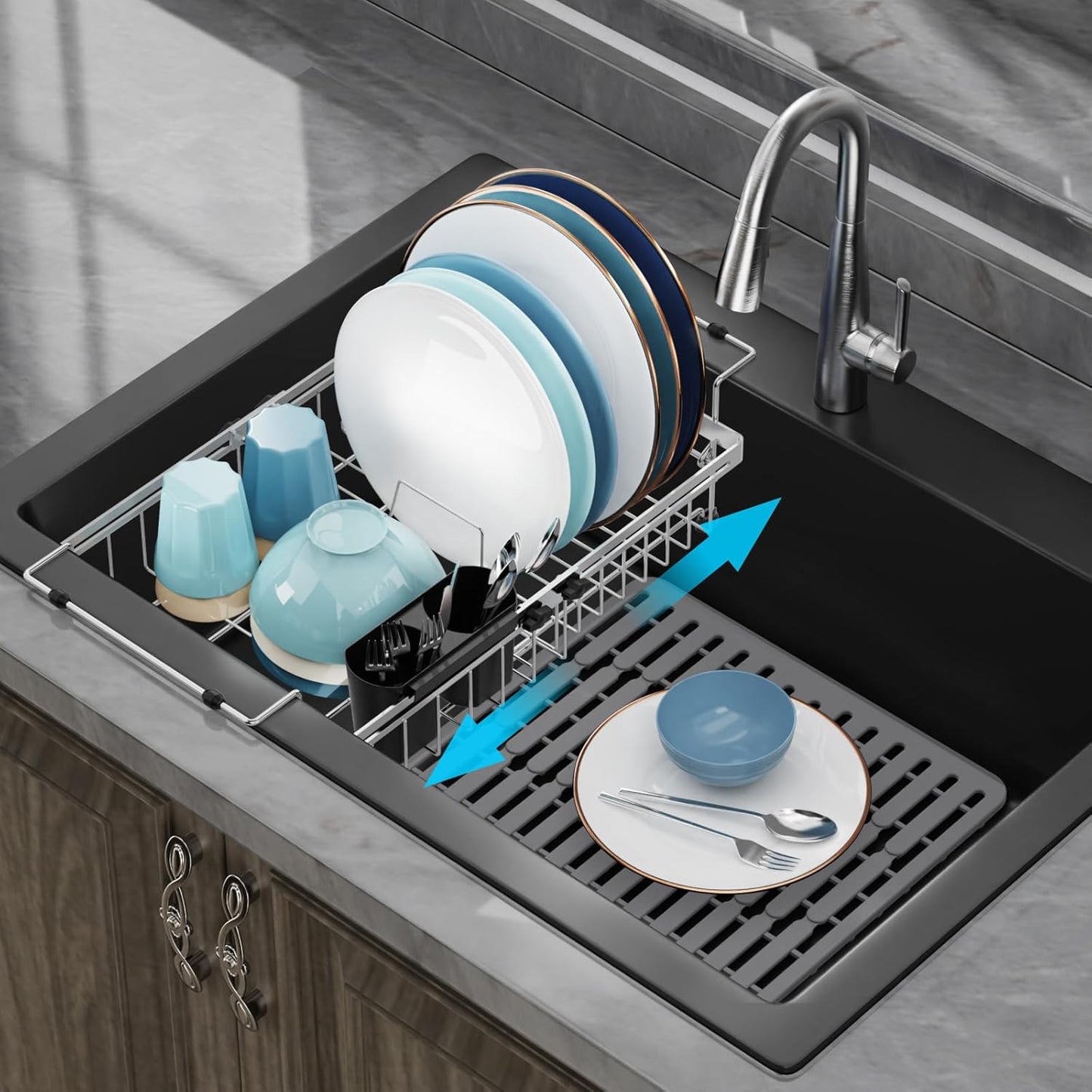 GSlife in Sink Dish Drying Rack - Stainless Steel Capacity Expandable Dish Drainer with Sink Protector, 10.8–17.9" L x 12.8" W, Silver
