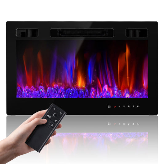 Electric Fireplace Insert 36" Realsmart 1500W Wall Mounted Fireplaces Recessed Heaters Remote Control Slim Black Fireplace Touch Screen Timer 12 Flame Colors LED Decor Low Noise