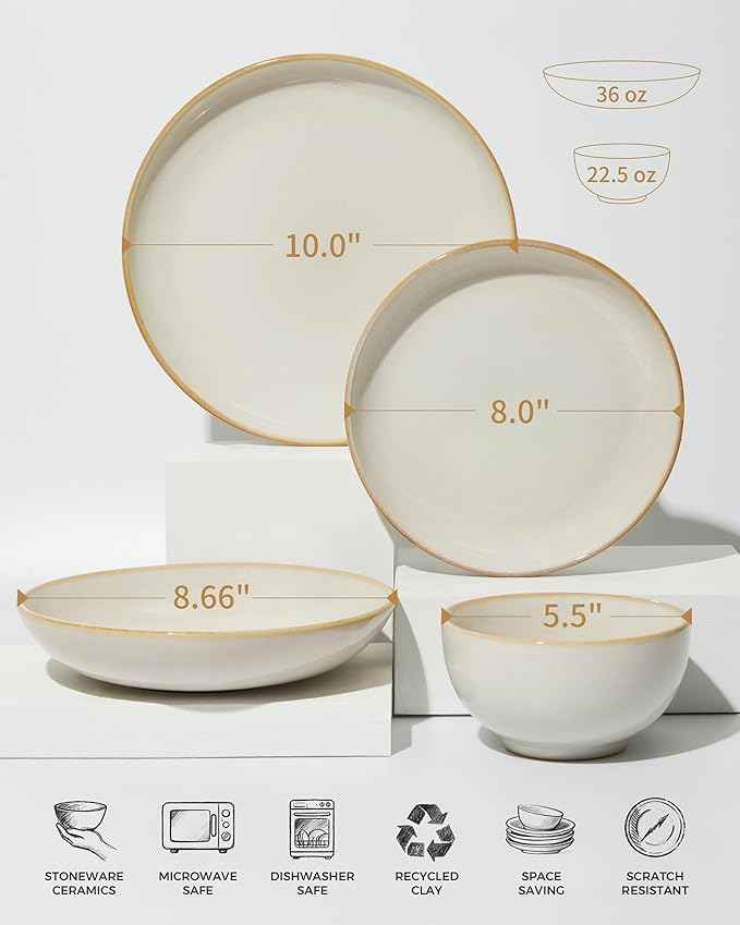 32 Piece Double Bowl Dinnerware Sets with Pasta Bowls, Highly Chip and Crack Resistant Plates and Bowls Sets, Natural Earthyware Ceramic Dishware Sets, Service for 8 Yellow White