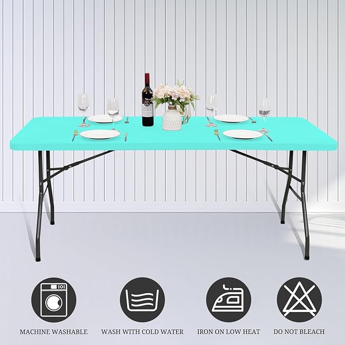 6 Pack Fitted Tablecloth for 6 Foot Rectangle Tables, Aqua Blue Elastic Outdoor Picnic Table Cover, Washable Stretch Folding Table Cloths 6 ft for Camping Party Patio Kitchen Banquet, 30" W x 72" L