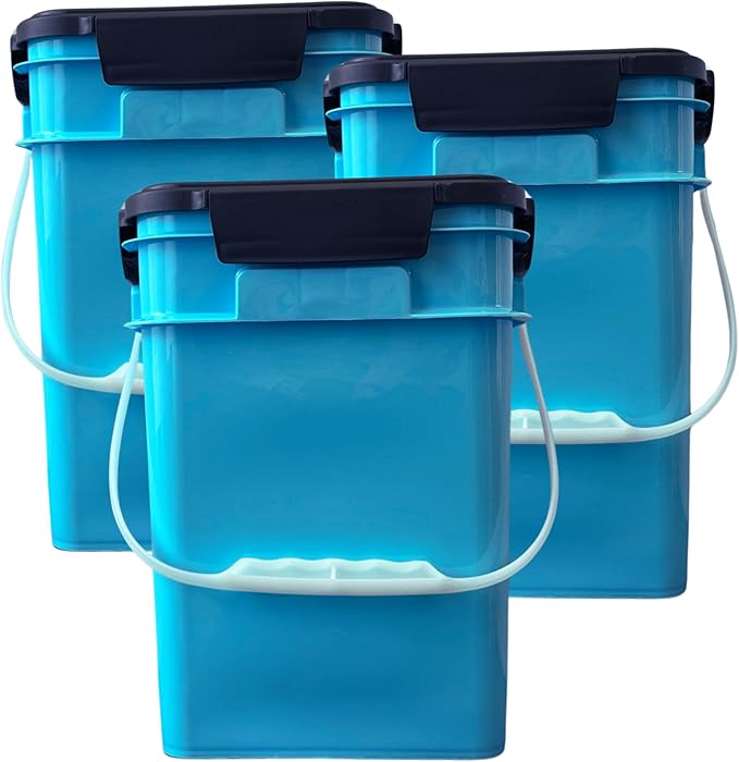 House Naturals 4 Gallon Square Food Grade Bucket Pail with Plastic Handles and Lid (Pack of 3) Made in USA containers (Aqua - Black lids)