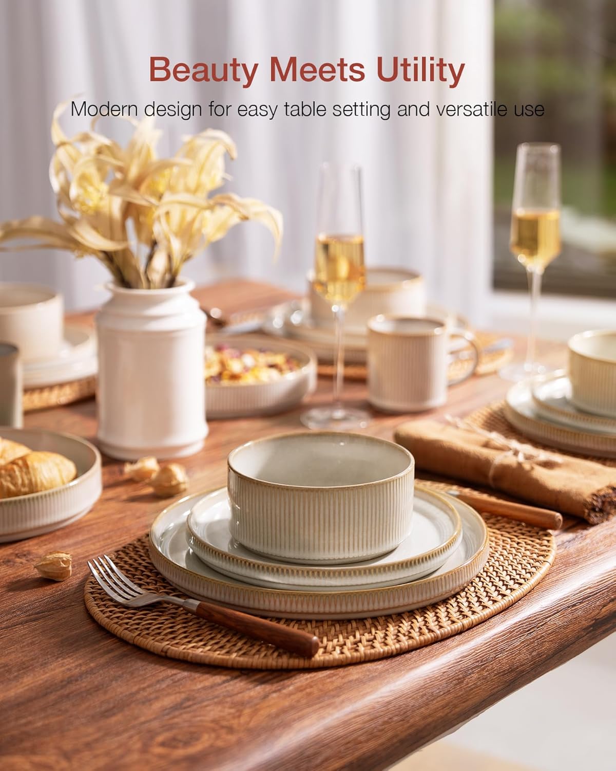 Famiware Star Dinnerware Set with Mugs, Service for 4 (16pcs), Ribbed Stoneware Plates and Bowls Dishes Sets - Chip & Scratch Resistant, Microwave & Dishwasher Safe, Cappuccino White