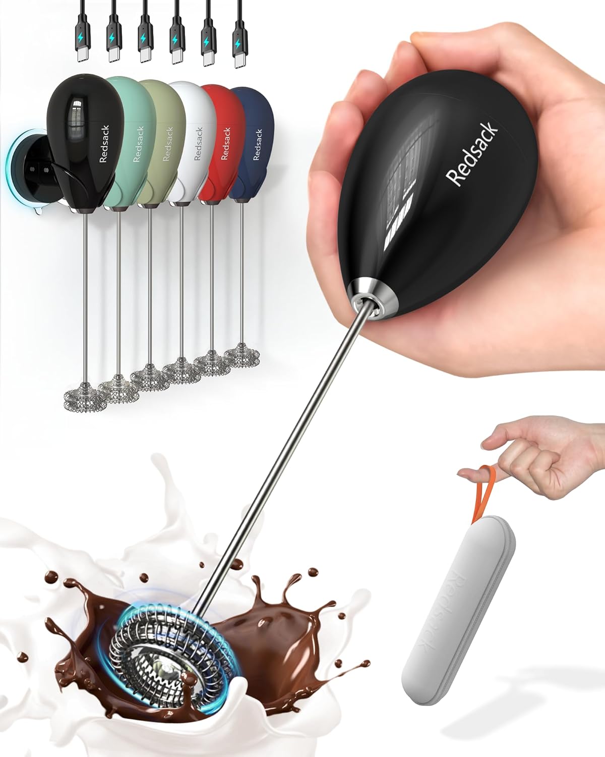 Milk Frother Handheld with Case,USB C Rechargeable Frother Wand for Coffee, Portable Electric Whisk with Stand,Waterproof Hand Drink Mixer Travel for Lattes, Cappuccino, Matcha, Egg (Black)