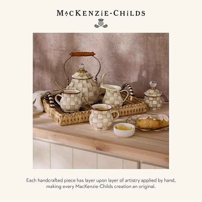 MACKENZIE-CHILDS Enamel Compote, Cute Enamel Pedestal Serving Dish or Decorative Bowl, Large, Brown-and-White Mocha Check