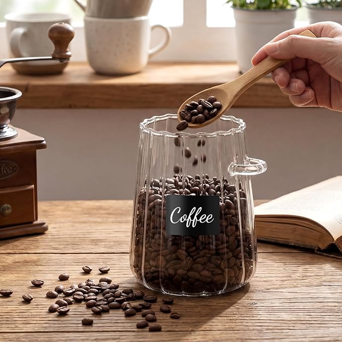 Glass Jar Sugar Container with Bamboo Spoons Lids 24 oz Large Sugar Container Glass Coffee Bowls Canister Coffee Bar Accessories with Labels Preprinted for Salts Tea Spice (12 Pcs)