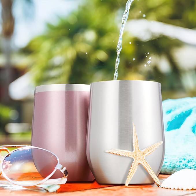 COMOOO 12oz Insulated Wine tumbler with Lid, Stainless Steel Stemless Wine Tumbler Glass,Double Wall Vacuum Wine Tumbler Cups with Straw for Coffee, Cocktails,Beer,Champaign Silver, 12 pack