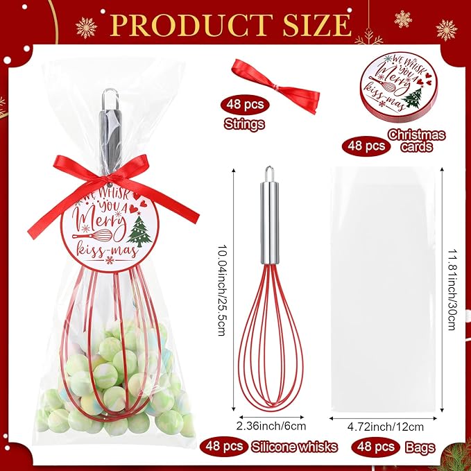 48 Sets 10 Inch Christmas Whisks Gifts DIY Fillable Christmas Tree Ornaments Xmas Colored Silicone Whisks for Cooking Heat Resistant Egg Beaters with Card Rope Bag for Candy Holder