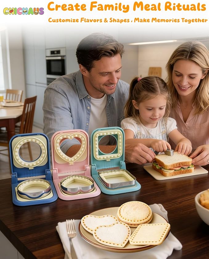 3-in-1 Uncrustable Sandwich Maker - Heart/Circle/Square Crustless Sandwich Cutter & Sealer for Kids' Lunch, Breakfast & Lunchboxes | BPA-Free Uncrustable Press,Easy Clean(3-Shape Blue)