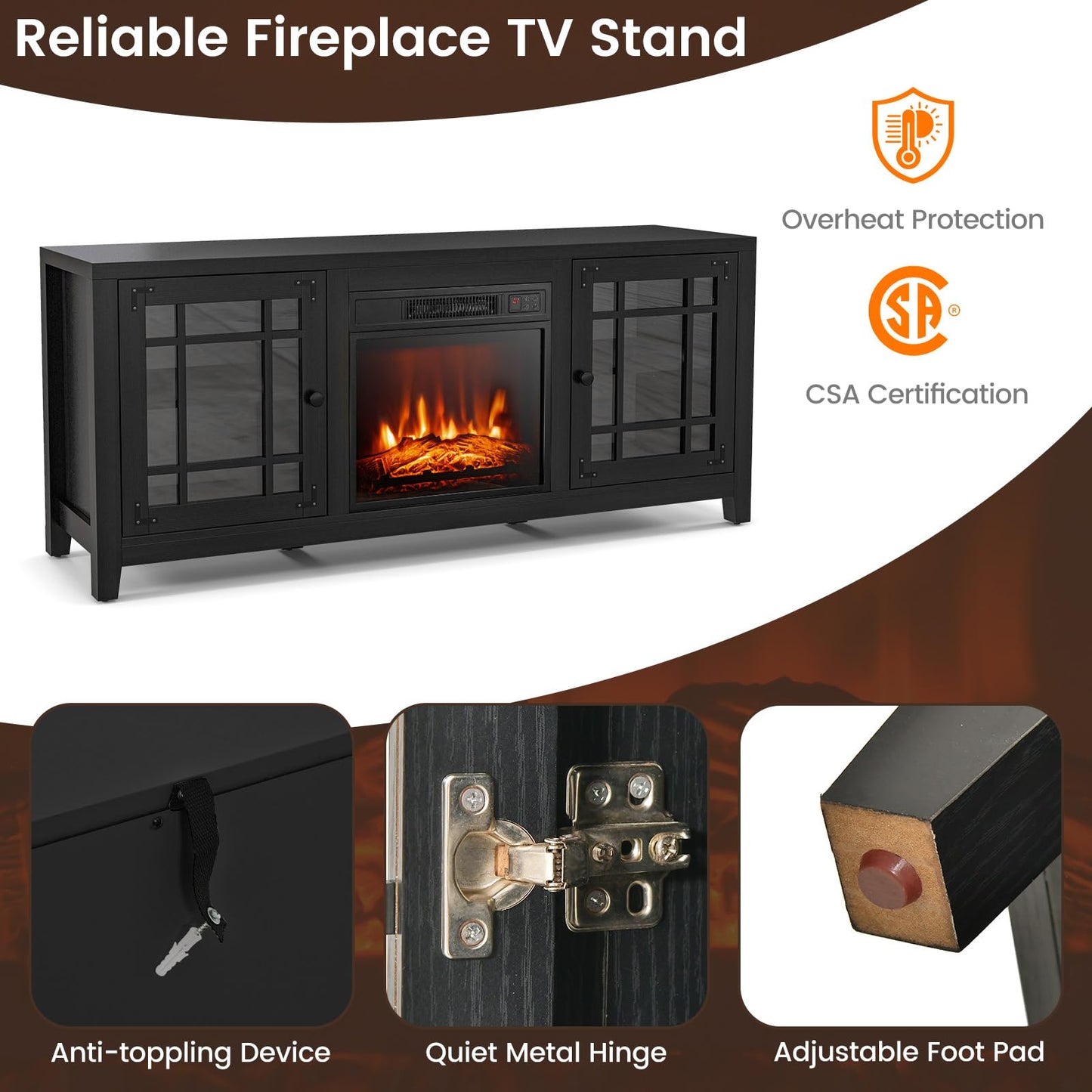 COSTWAY Electric Fireplace TV Stand for TVs up to 65-inch, 18-inch Fireplace Entertainment Center with Remote Control, Thermostat, TV Console with Adjustable Shelves for Living Room Bedroom, Black