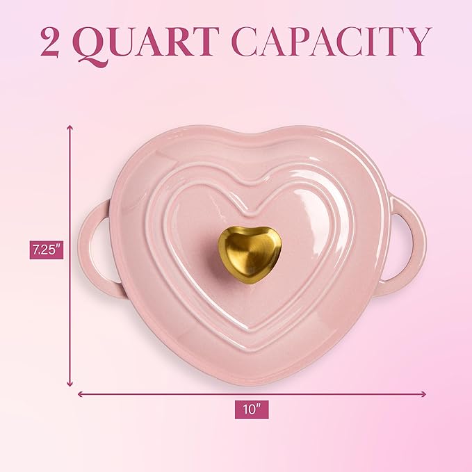Paris Hilton Enameled Cast Iron Dutch Oven Heart-Shaped Pot with Lid, Dual Handles, Works on All Stovetops, Oven Safe to 500°F, 2-Quart, Pink