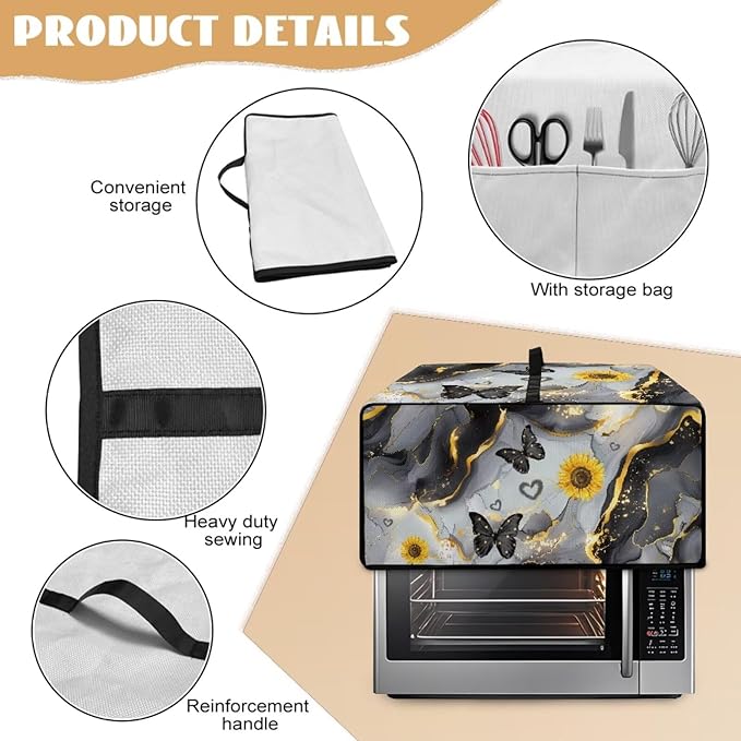 Convection Oven Cover Countertop Appliance Covers Stain-resistant Microwave Oven Protector for Kitchen Home Decor, S, Black Gray Gold Marble Butterfly Sunflower