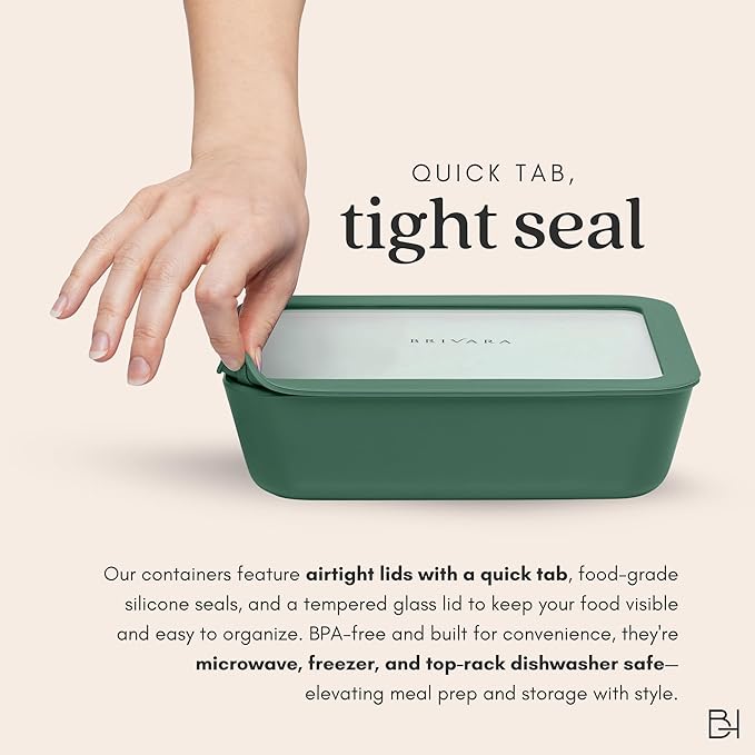 Ceramic Coated Glass Food Storage Container | No PTFE, PFOA, PFAS, and BPA | Reusable Non Toxic Meal Prep Container with Glass Lid | Easy To Store | 6 Piece Food Prep [Pine]