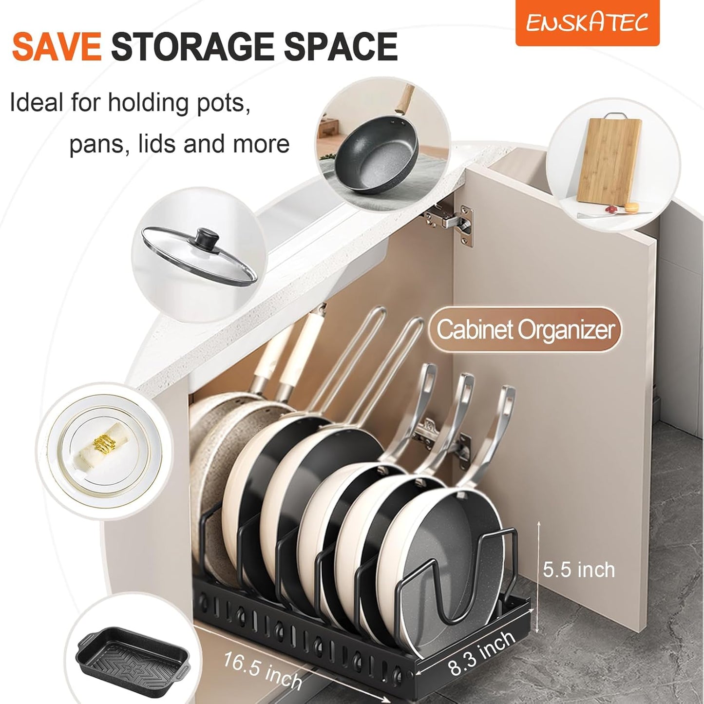 2 Pack Pots and Pans Organizer Under Cabinet, Sliding Pot Lid Holder and Pan Rack in Kitchen, Pull out Pot and Pan Organizer, for Pot Lid, Bakeware, Dishes, Pots and Pans Storage