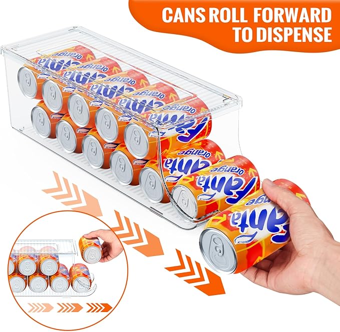 SCAVATA Soda Can Organizer for Refrigerator, Stackable Canned Food Pop Cans Container Can Holder Dispenser with Lid for Fridge Rack Freezer, Clear Storage Bins-Holds 12 Cans Each (One)