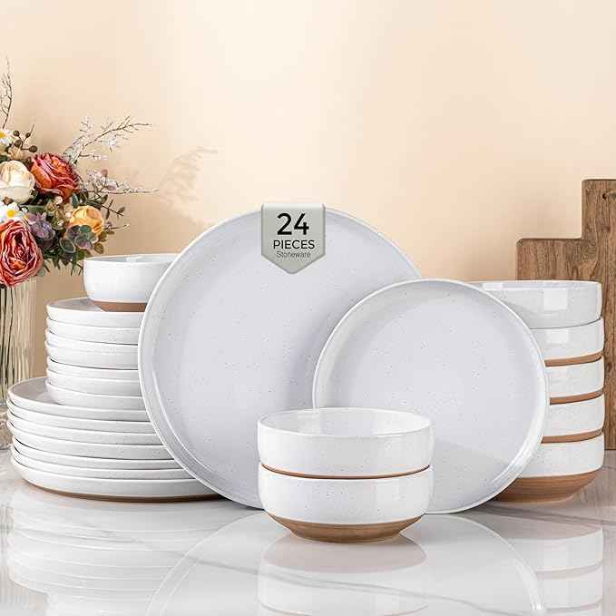 AmorArc Ceramic Dinnerware Sets for 8, 24 Pieces Handpainted Plates and Bowls Set with Rustic Terracotta Underside, Scratch Resistant Stoneware Dishes Set, Dishwasher & Microwave Safe, White