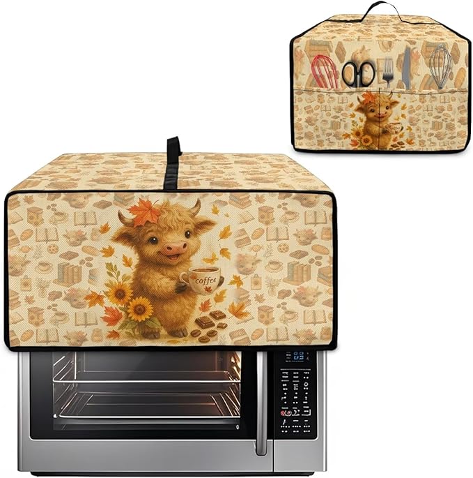 Toaster Oven Dust Cover Dustproof Convection Microwave Ovens Cover Stain-resistant Small Countertop Appliance Protector, L, Highland Cow Coffee Sunflower Fall Decor