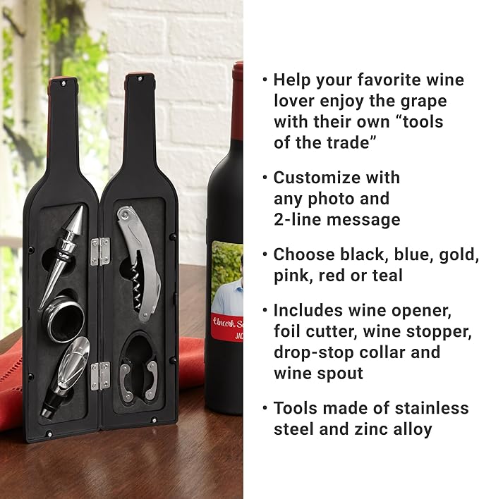 Let's Make Memories Personalized Photo 5-Piece Wine Tool Set - Wine Bottle Opener - Blue