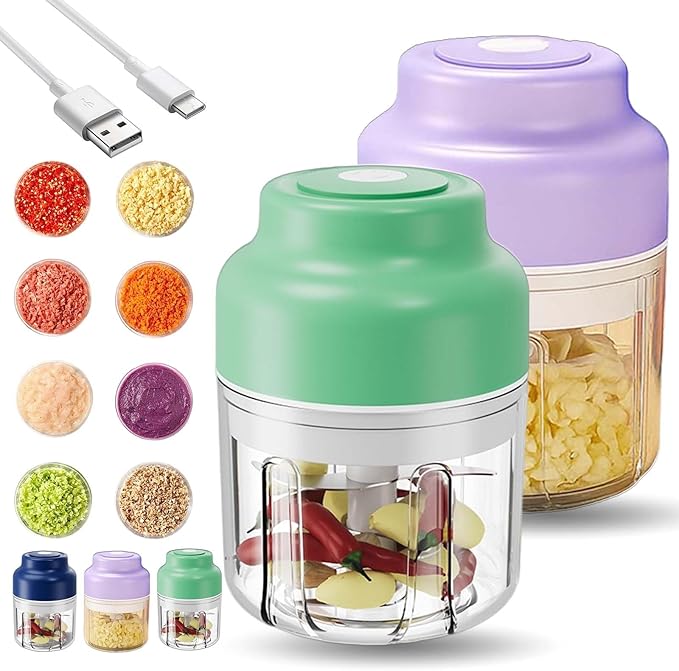 Household Electric Garlic Crusher, Electric Garlic Chopper, Mini Portable Veggie Chopper with 4/6 Stainless Steel Blades, Wireless Rechargeable Food Cutter for Garlic, Onion, Chili (2PCS-B,320ML)