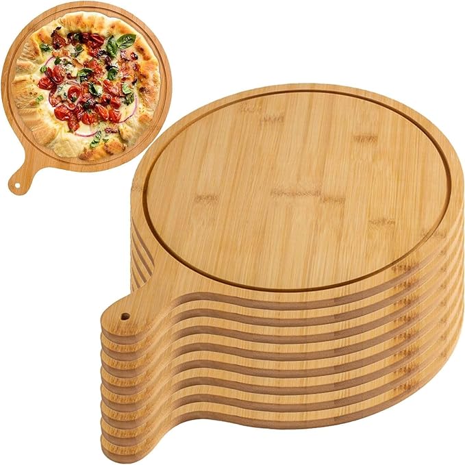 6 Pack Pizza Board Set – Premium Wooden Pizza Plates for Serving & Cutting, Round Bamboo Pizza Plate with Handle, Durable & Lightweight for Home & Restaurant (Up to 13 Inches),7inch