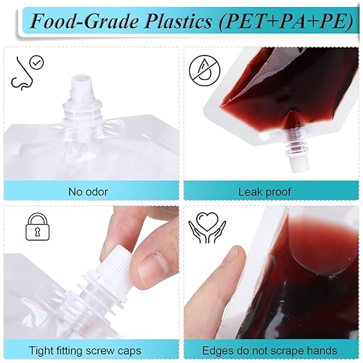 24 Pcs Plastic Flasks, 8 Oz Concealable and Reusable Drink Pouches, Leak-Proof Food Grade Plastic for Travel (8OZ-24PCS +3 Funnels)