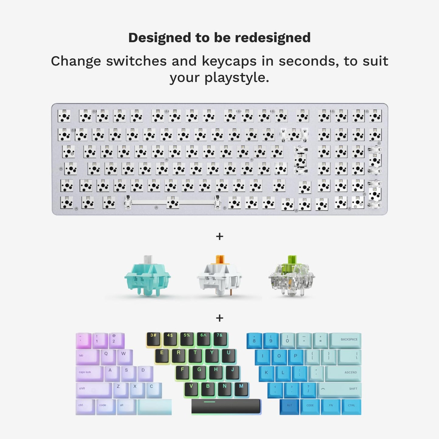 Glorious GMMK 2 Small Gaming Keyboard Base- Barebones Kit- TKL Hot Swappable DIY White Mechanical Keyboard - Wired, RGB Backlit,- PC Setup Accessories- 65%, White