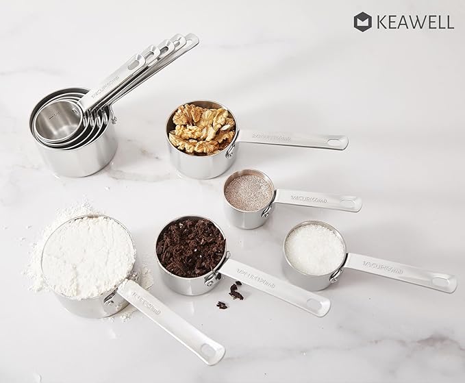 KEAWELL Premium 10-Piece 18/10 Stainless Steel Measuring Cups ans Spoons Set – Durable, Stackable, Dishwasher Safe – Nesting Design for Baking & Cooking (Silver, Measuring Cups & Spoons)