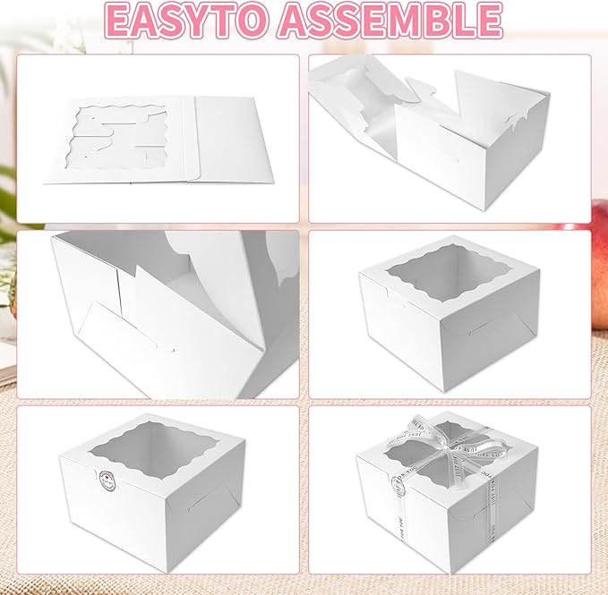 6x6x5 Cake Box, 28 Sets White Cake Box with Window ＆ 28Sets 6" Cake Round Boards, 6inch Cake Containers. (White, 665inch/28pcs)