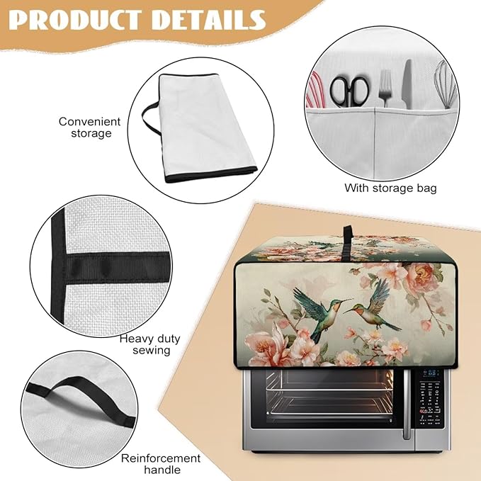 Air Fryer Toaster Oven Dust Cover Washable Fabric Countertop Microwave Smart Oven Cover for Kitchen Countertop Decor, L, 18.5 x 22.5 x 13 inches, Hummingbird Floral Pattern