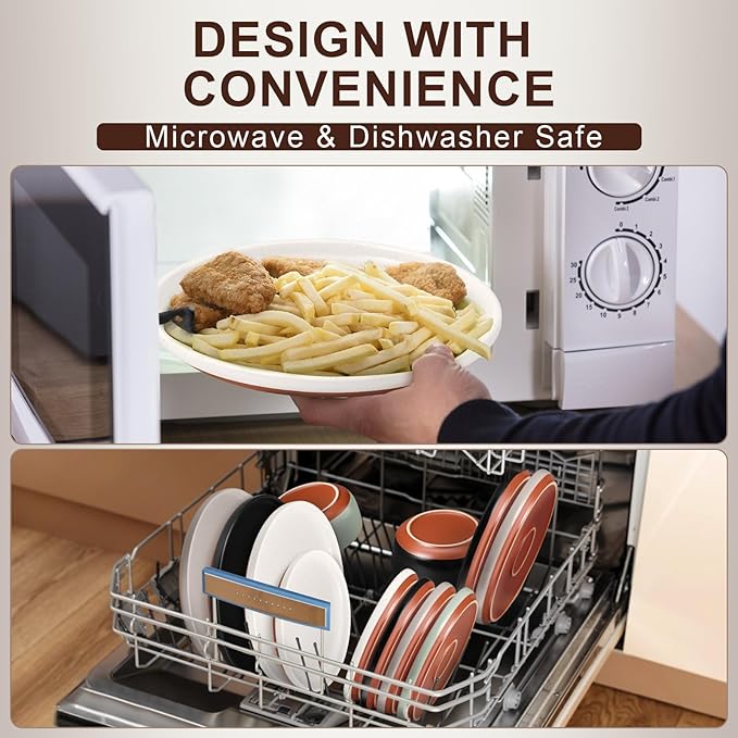 E-far 18-Piece Stoneware Dinnerware Sets, Plates and Bowls Sets for 6, Ceramic Dishware Dishes Set with Terracotta Base, Chip & Scratch Resistant, Microwave & Dishwasher Safe, Speckled White