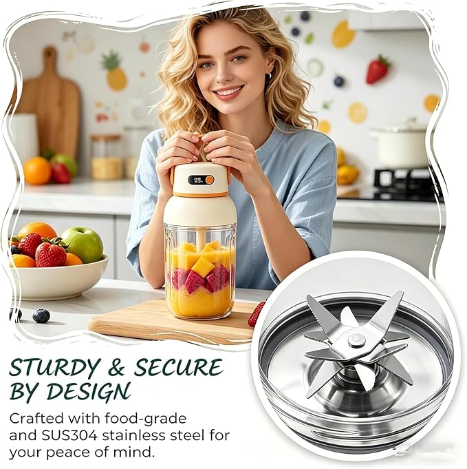 Portable Electric Juicer Cup with Zero Cord Hassle, 33 Oz Cordless Personal Juicer Cup, Digital Display Portable Juicers Blender with Stainless Steel Blades, USB-C (orange-1200ml)