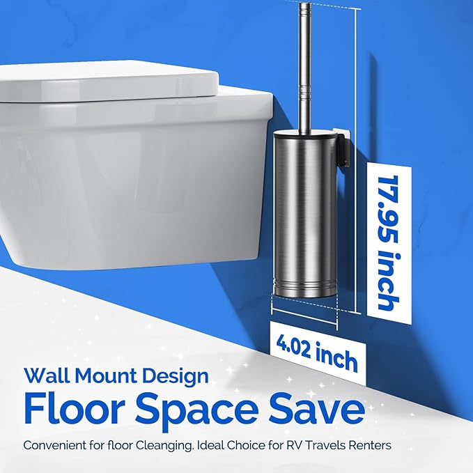 HAMITOR Toilet Brush and Holder Set: 304 Stainless Steel Heavy Duty Bowl Cleaner Brush - Deep Cleaning Under Rim Curved Bristle - Space Saving Wall-Mounted for Home RV Bathroom Accessories Silver