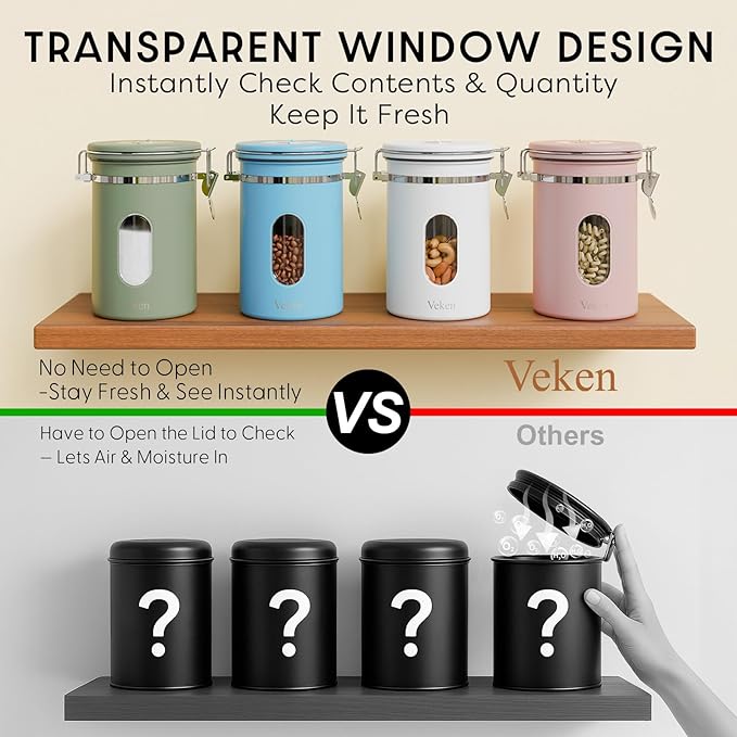 Veken Coffee Canister with Window, Airtight Stainless Steel Kitchen Food Storage Container with Lids, Date Tracker and Scoop for Grounds Coffee, Beans, Tea, Flour, Cereal, Sugar Jars, 22OZ, Blue