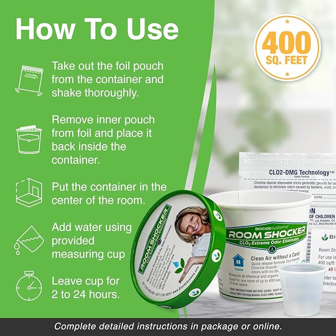 Biocide Systems Room Shocker Strong Odor Eliminator for Home & Office, Eco-Friendly Chlorine Dioxide Odor Bomb for House Interior Up to 400 Square Feet of Floor Space (6-Pack)