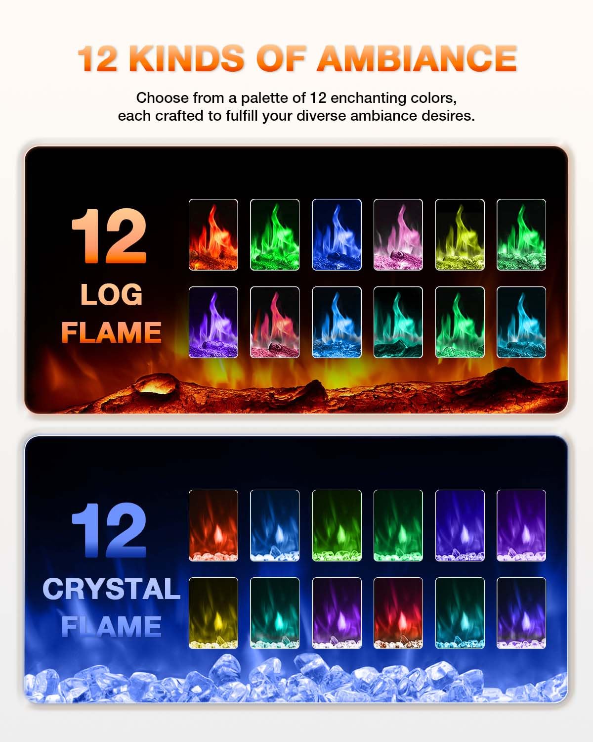 Electric Fireplace 60Inch,Realistic Flame Electric Fireplace Heater,Log Set,Crystal Flames 750-1500W with Timer Inserts,Wall Mounted,TV Stand Touch Screen & Remote for Living Room Easy Install
