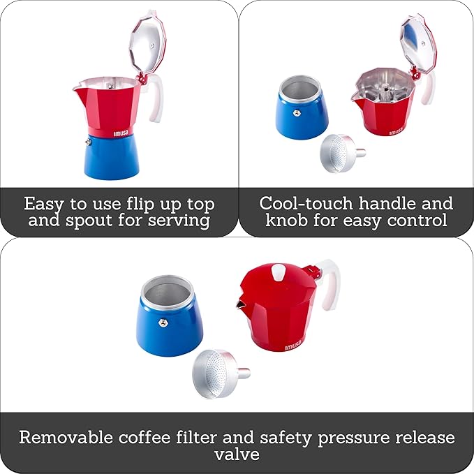 IMUSA Stovetop Espresso Maker 3 Cup Moka Pot Caribbean Colors Edition – Cuban Coffee, Italian Style, Demitasse, Cortadito, Cappuccino – Cast Aluminum Cafetera Espresso Azul Rojo Blanco