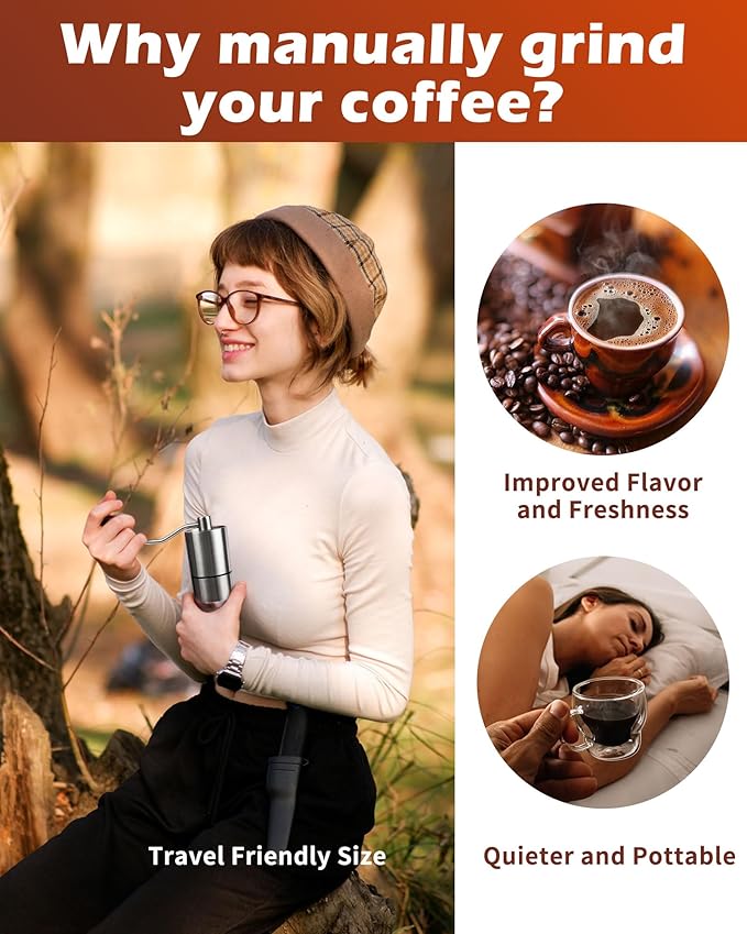 Stainless Steel Burr Manual Coffee Grinder For Drip,French Press,5 Adjustable Settings,Hand Mill with Built-In Burr,For Home Use and Camping (Stainless Steel burr-Sliver)