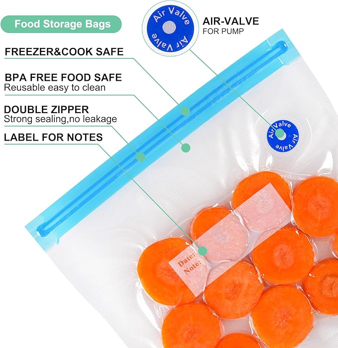 Sous Vide Bags 31 Pcs (24 Pcs Vacuum Zipper Bags & 2 Seal Clips & 5 Air Valves), Reusable BPA Free Vacuum Sealer Bags (11 * 10 in) Vacuum Food Storage Bags for Cooking/Food Storage/Microwave Heating