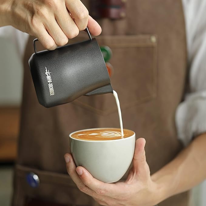 MHW-3BOMBER Milk Frothing Pitcher 12oz Milk Frother Cup Espresso Steaming Pitcher Stainless Steel Milk Frother Cup Barista Latte Art Round Spout Milk Jug, Black P6007MB-OS