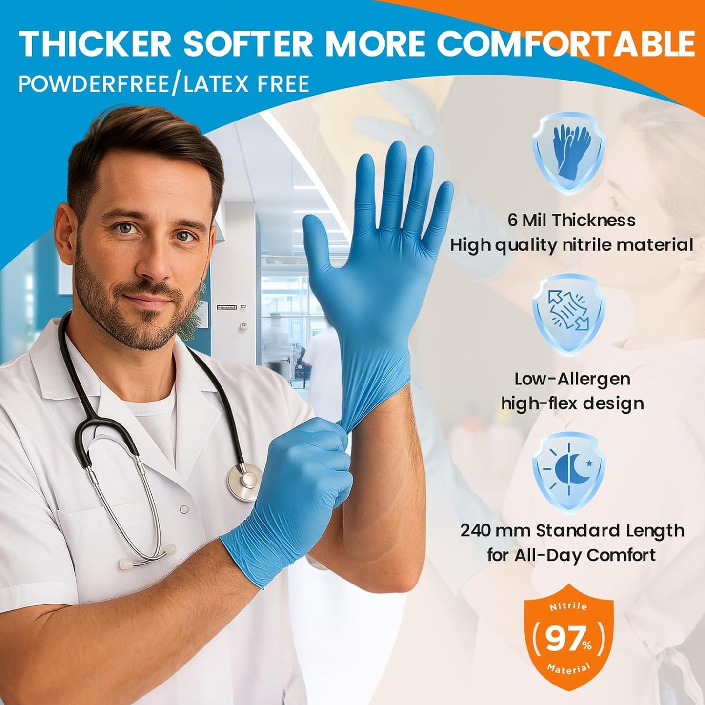 6 mil Disposable Nitrile Gloves, Heavy Duty Disposable Glove, Cooking Gloves, Latex Free, Powder Free (Blue of 100, X Large)