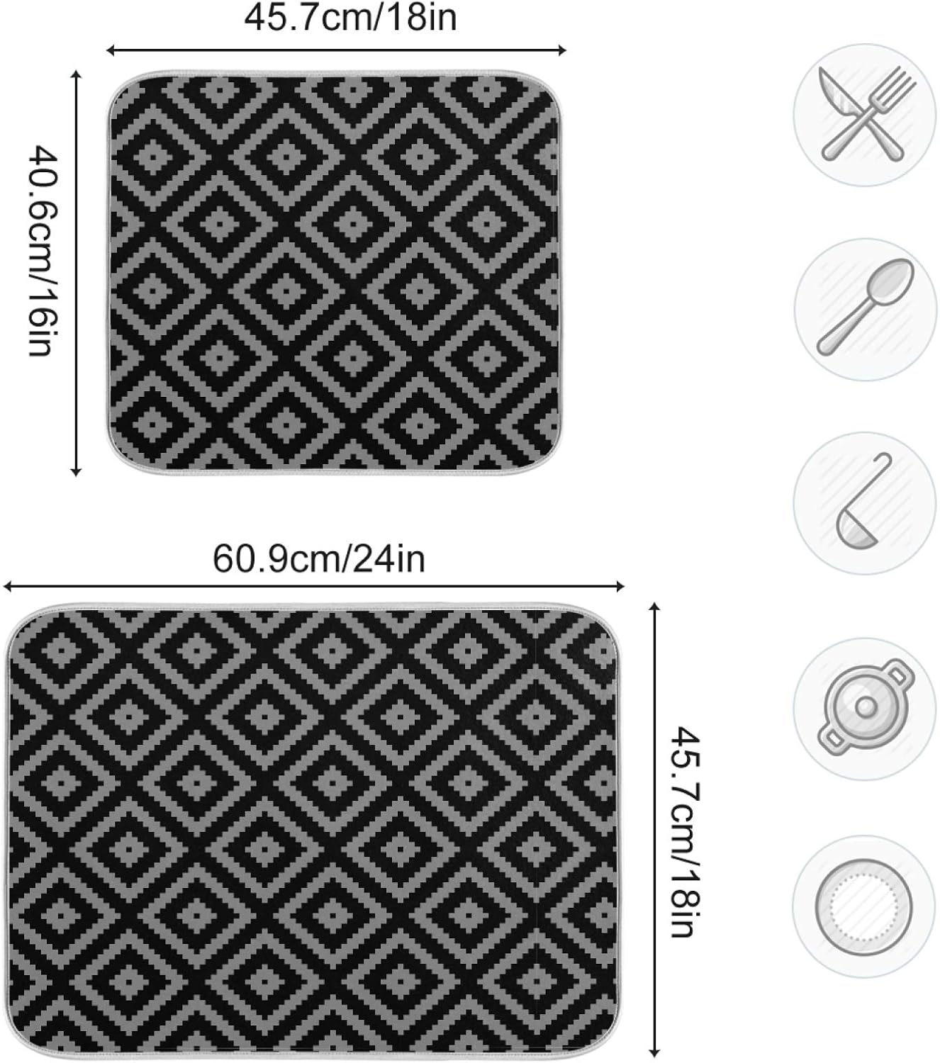 Super Absorbent Dish Drying Mat, Microfiber Fast-Drying Dish Mat, 16" x 18, Kitchen Dish Drying Pad, Black Moroccan Rhombus Plaid