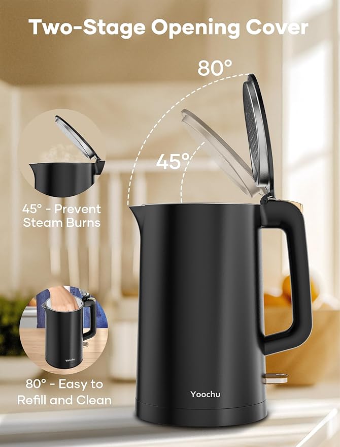 Electric Kettle, Double Wall 1.7L Stainless Steel Cool Touch, Water Boiler & Heater, 1500W Hot Tea Pot, Boil Dry Protection & Cordless Base, BPA-Free, Black